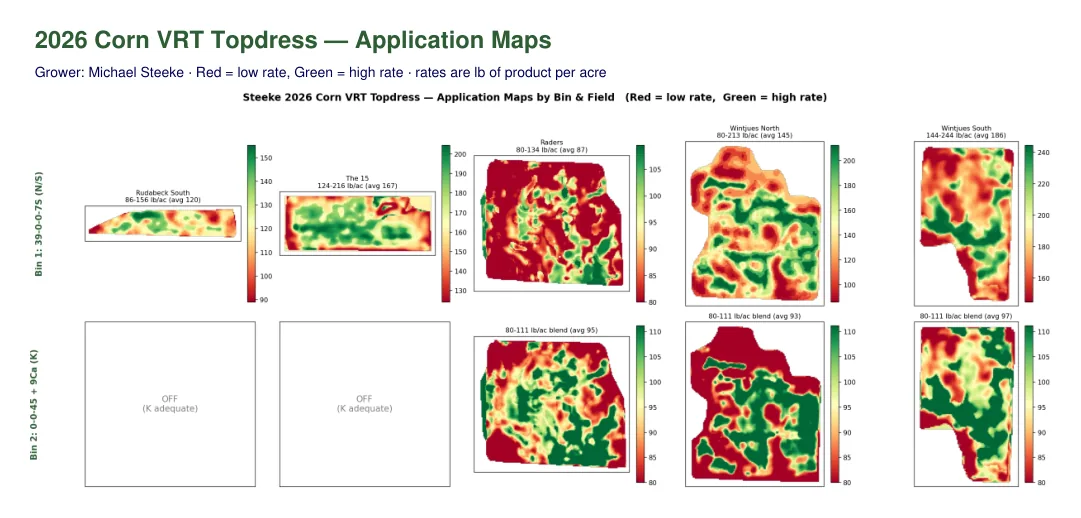 2026 Corn VRT Topdress application maps showing red-to-green rate maps by bin and field, with red as low rate and green as high rate.