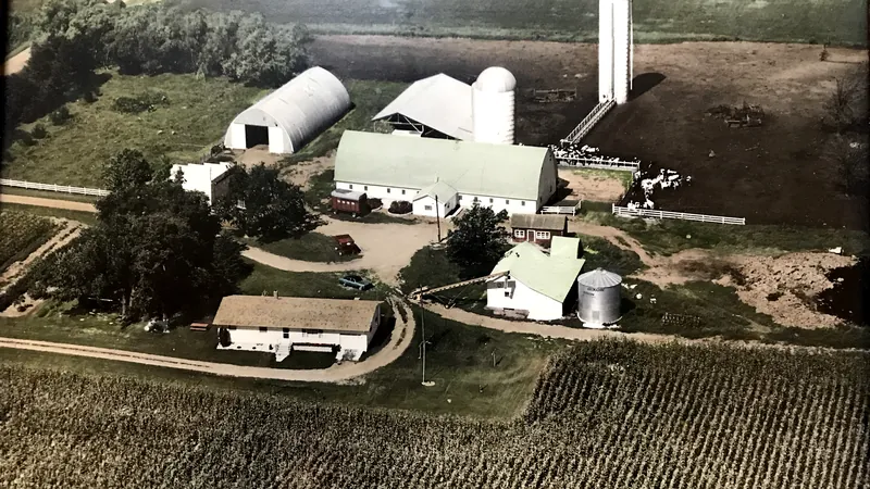 Aerial view of the farm in the mid-1980s, while Grandpa was farming and the third generation was growing up there