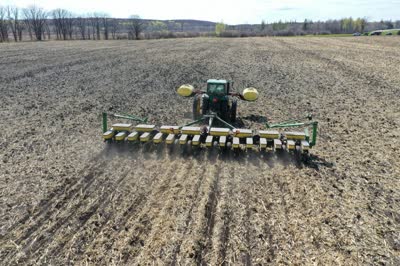 Aerial view of a planter seeding directly into corn stubble